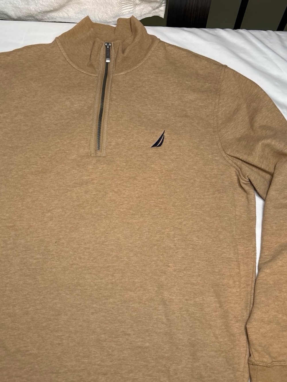 Nautica Men's Tan Half-Zip Sweater with Navy Logo